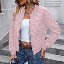 Ladies Zipper Long Sleeve Stand Collar Check Slim Baseball Padded Top Blouse Jacket Coat L tamsiai mėlyna