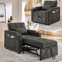 3-in-1 miegojimo kėdė su USB/Type-C prievadu, sofa-lova (190 cm) su nerūdijančio plieno gėrimų laikikliu, 3 lygių reguliuojamu atlošu, šoninėmis kišenėmis, pilkos spalvos 190 x 85 x 86 cm tamsiai pilka spalva
