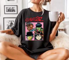 Gorillaz Band Graphic 100% Cotton T-shirt Mens Tees Top, 90s Alternative Rock Cartoon Band Tee, Indie top XL black