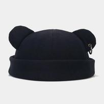 Cute Bear Ear Docker Hat for Women Men Vintage Rolled Cuff Beanie Cap with Metal Ring Streetwear Skullcap black