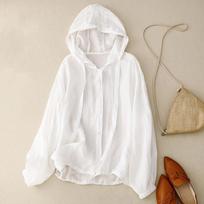 Women's Summer Literary Loose Hooded Sun Shirt Beach Shirt Casual Thin Long-sleeved Jacket M balta