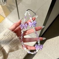 Phone Chain Wrist Strap Beaded Lanyard Accessory with Bow Charms for Keys Bag Hanging Decoration Mobile Phone Pendant One Size white