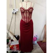 Women French Elegant Solid Lace Strapless Sling Slim Fit Evening Party Midi Dress S raudona