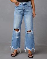 Women High Waist Straight Flare Jeans Ripped Distressed Fringed Raw Hem Vintage Wide Leg Denim Pants Streetwear Long Trousers S mėlyna