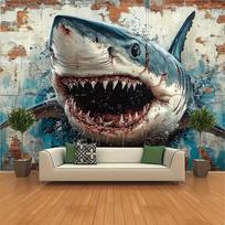 2D Grunge Brick Wall Giant Shark Background for Man Cave Bar Interior Decoration 47.2x31.5inch/120*80cm black