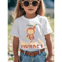 European sizes Monkey Print Cotton T-Shirt - Cute Monkey Face Short Sleeve Round Neck Top | Machine Washable 98cm balta