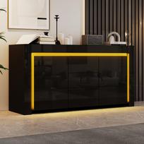 140*40*65cm Svetainės spintelė, Komoda su 3 stalčiais, 2 durelėmis, Blizgi šoninė spintelė su LED juosta, Bufetas su laikymo vieta, Juoda 140 x 40 x 65 cm juoda