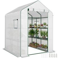 Garden greenhouse with 1 door 2 windows 3-level shelves for vegetables plants flowers PE tarpaulin 140 x 143 x 190 cm white 143 x 140 x 190 cm