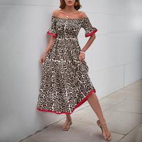 New retro off-the-shoulder fashion personalized lotus leaf sleeve leopard print dress S black