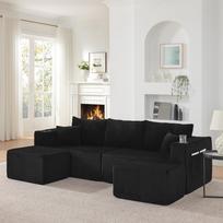 3 vietų kampinė sofa, L formos, su kilnojamais pufais, velveta, puodelių laikikliu, šonine kišene ir pagalvėmis, svetainei, viešbučiams ir butams, juoda juoda