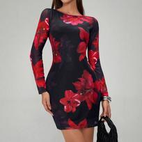 Spring Women Floral Print Round Neck Mesh Slim Fit Long Sleeve Dress Mature Style French Retro Patchwork Slim Sexy Elegant Women Maxi Dress S juoda