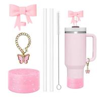 6PCS Accessories Set for Stanley Cup 30oz/40oz Including Glitter Silicone Boot Diamond Butterfly Charm Chain Bow Silicone Straw rožinė