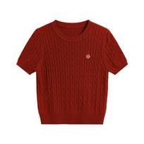 Women's High-End Korean Style Knit T-Shirt, Short-Sleeved Cable Knit Round Neck Sweater, Early Spring New Arrival One Size raudona