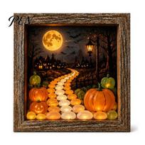 3D Memory Box Display Case Halloween Shadow Frame DIY Lighted Craft Kit, Wooden Night Light with Gothic Style Lamp Sea Glass Stones, LED for B black