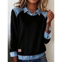 Women Patchwork Denim Collar Long Sleeve Loose Pullover Knit Sweater S juoda