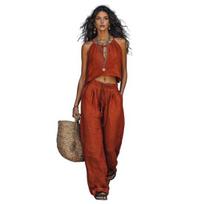 Women 2 Piece Tank Top Leg Long Sets Sleeveless Crop And Wide Pants S vyno raudonos spalvos