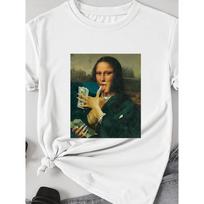 Women's Black Humorous Mona Lisa Money Bills Graphic Casual Short Sleeve Summer Short Sleeved S white