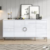 150*38*59.5cm Šoninė spintelė su 4 stalčiais, 2 durelėmis, blizgi komoda, metalinės atraminės kojelės, plačios be rankenėlių nišos, balta, MDF 150 x 38 x 59.5 cm balta