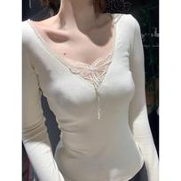 260g Cotton Modal V-Neck Two-Piece Style Slimming Lace Tie-Up Base Layer Top Medium abrikosas