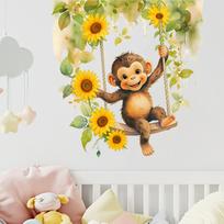 Watercolor Monkey Swinging on Swing Self Adhesive Glass Window Sticker No Residue for Kids Room Wall Decor 29x29cm įvairiaspalvis
