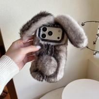 Solid Color Plush Rabbit Ears Hand Warmer Phone Case for iPhone 14/15/16/17 Pro Max - Autumn & Winter Collection iPhone 13 Pro Max gray