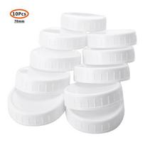10 vnt. Balti Mason stiklainiai konservavimui, gėrimui Dangtelis 70 mm / 86 mm vidinio skersmens Plastikiniai dangteliai Be pamušalo Rumbuoti dangteliai Laikymo dangteliai Pakeitimai 70mm white