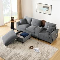 L-Shaped Corner Sofa, Convertible with Console, 2 Cup Holders, USB Ports, Armrest Storage Bag, Cushions, Corduroy Fabric, Living Room, Apartment 229 x 149.5 x 83 cm pilka
