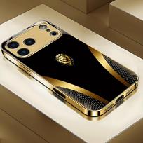 Šaunus auksinis liūto raštas, auksinės metalinės spalvos stiklinis telefono dėklas, skirtas iPhone 11 12 13 14 15 16 17 Pro Max 14 Plus 17Air 16E Dangtelis iPhone 14 Pro black