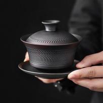 2026New Purple Clay Gaiwan Single Tea Bowl Handmade Carved High Value Gongfu Tea Set Tray Business Gift Office Hotel Anniversary About 200ml black
