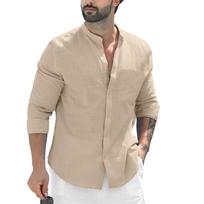 Men's Light Blue Band Collar Long Sleeve Shirt Casual Cotton Linen Blend Button Down Top S smėlis