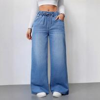Women's High Waist Drawstring Wide Leg Jeans Loose Fit Non Stretch Washed Denim Long Trousers S šviesiai mėlyna spalva