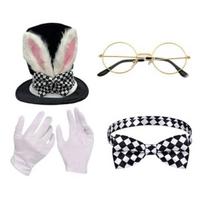 Triušio kostiumo rinkinys 4 dalys: Ausys, Cilindras, Akiniai, Kaklaraištis, Pirštinės. Rinkinys Helovinui, Velykoms, Cosplay aksesuarui One Size Sets white