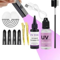 Pilnas UV plaukų priauginimo rinkinys 30g klijai ir greitas valiklis, nematomi priauginimai be pažeidimų, UV lempa ir įrankiai salonui/namams A set black