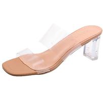 Moterims šlepetės lauko avalynė storas kulnas vasariniai aukštakulniai permatomos šlepetės seksualūs sandalai elegantiški blizgūs patogūs sandalai moteriški kvėpuojantys batai 34 beige