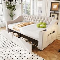 Apmušta lova-sofa 90*190 cm, Platesni ir storesni porankiai su USB įkrovimo prievadu, Su laikymo kišenėmis, Su laikymo stalčiumi, Aksominis audinys, Smėlio spalvos 214.5 x 96 x 78.5 cm smėlis