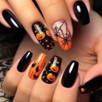 Halloween Ballerina Press On Nails Pumpkin Ghost Castle Print Removable Reusable Fake Nails Women Holiday Manicure Decor Gift brown