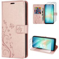 Case + 2 Tempered Glasses for Samsung Galaxy A27 5G, Anti-Scratch Synthetic Leather Floral Relief - Pink rožinė