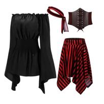 Off Shoulder Long Flare Sleeve Top Striped Irregular Skirt Corset Belt Headband Ruffle Set Gothic Vintage Pirate Cosplay Costume S juoda