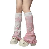 Punk Knitted Ruffle Trim Leg Warmers Star Pattern Foot Leg Covers Baggy Flared Wide Leg Long Stockings for Women Girls rožinė