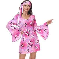 Women's 70s Hippie Disco Star Print Flare Long Sleeve Mini Dress Halloween Cosplay Costume V Neck A-line Dress S-3XL Multiple Color Options S rožinė