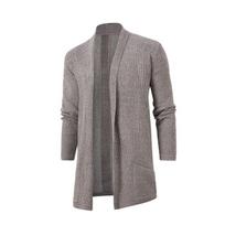 Men Solid Color Casual Mid Length Buttonless Knit Cardigan Coat M chaki