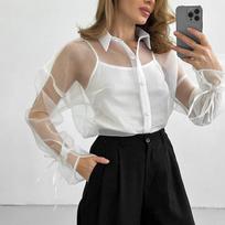 Vasarinė balta organzos moteriška palaidinė aukštos kokybės stiliaus viršutinis drabužis su vidutiniu ir ilgu perspektyvos efektu moteriška palaidinė elegantiški moteriški drabužiai S balta