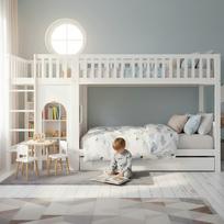 Bunk Bed Children's Bed, Four-Step Straight Ladder, Four-Sided Guardrails, Small Area for Individual Design, Pine + MDF + Plywood, White, 90x200cm 301 x 98.5 x 160 cm