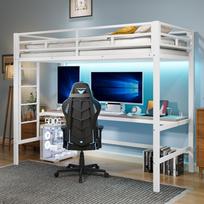Aukštos lovos, 90*200 cm, Apsauginis turėklas, Laipteliai, Stalas su USB ir lizdu, LED juosta, Valdoma programėle, Atitinka EN747 standartą, Be čiužinio, Metalas, Balta 204 x 94.5 x 183 cm balta