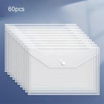 60pcs Durable PP File Bags – A4 Clear Waterproof Document Folders with Snap Closure for Office Supplies & Filing 60pcs white