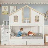 Dviaukštė lova, Spalviškai kontrastingas apsauginis turėklas nuo kritimo, Langas, Du stalčiai, Ratukai, Laipteliai, 4 sandėliavimo skyreliai, Pušis+MDF, Baltas+Natūralus, 90x200cm 253 x 95 x 222 cm