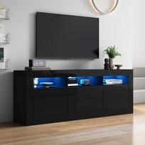 160*35*60cm Blizgus TV spintelė su LED apšvietimu, 3 atviros lentynos, 2 durys, 2 stalčiai, valdymas per išmaniąją programėlę, 70 colių televizoriams, Blizgus TV stovas juoda