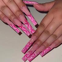 Long Press-On Nails With Pink Line Design Glitter French Tips Wearable Nail Set Women 24 Pieces Gel Nail Tips pink