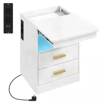 Naktinis stalelis, staliukas su įkrovimo stotele ir RGB LED apšvietimu, blizgi balta spalva
