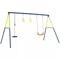 Sūpynių stovas iki 150 kg, 3-in-1 vaikiškos sūpynės su klasikine sūpyne, gimnastikos žiedais, stovimomis sūpynėmis, 285x160x181 cm
